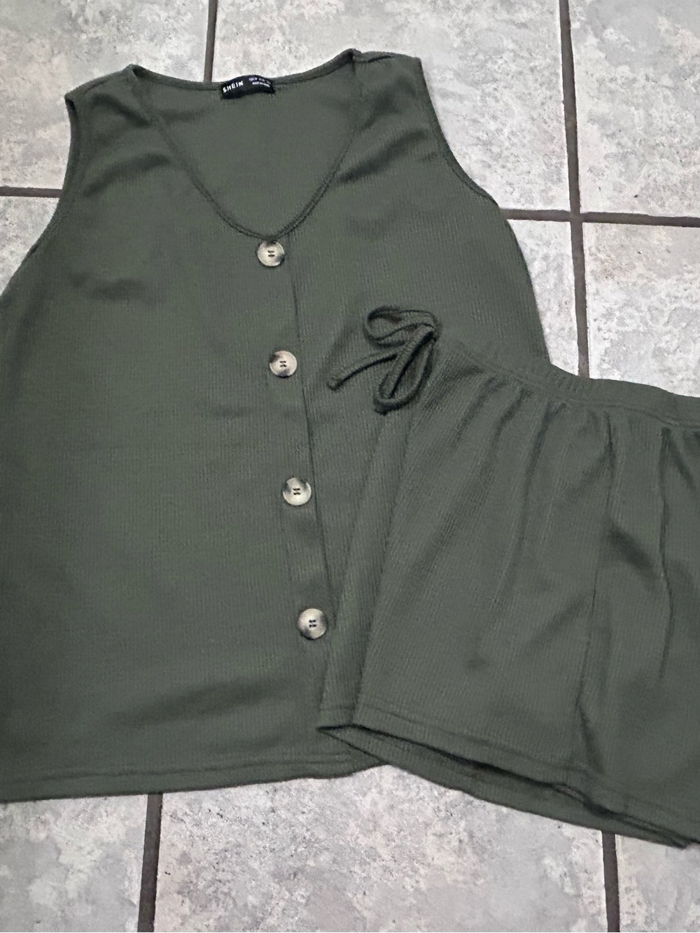 SHEIN Olive Green Ribbed Button Tank & Drawstring Short Set